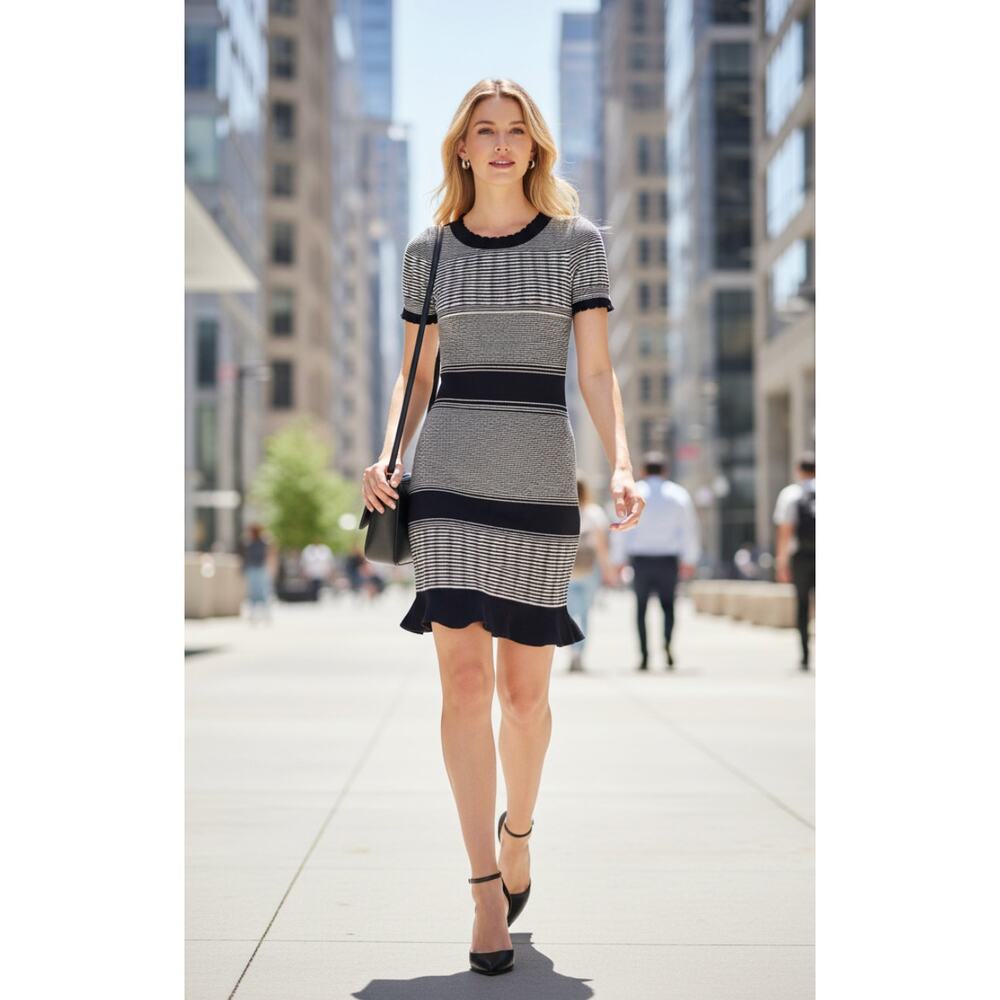 Milly Striped Wave Knit Dress Small NWT Bodycon Ruffle Hem Navy White Crewneck
